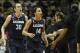Feb 16, 2014; Tampa, FL, USA; Connecticut Huskies guard Bria Hartley (14) celebrates with forward Breanna Stewart (30) against the South Florida Bulls during the second half at USF Sun Dome. The Huskies won 63-38. Mandatory Credit: Kim Klement-USA TODAY S