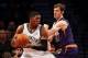 Mar 17, 2014; Brooklyn, NY, USA; Brooklyn Nets guard Joe Johnson (7) drives on Phoenix Suns guard Goran Dragic (1) during the first quarter at Barclays Center. Mandatory Credit: Anthony Gruppuso-USA TODAY Sports