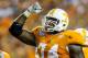 August 31, 2012; Atlanta, GA, USA; Tennessee Volunteers offensive linesman Antonio Richardson (74) celebrates in the second half against the North Carolina State Wolfpack at the Georgia Dome. Tennessee beat NC State 35-21. Mandatory Credit: Daniel Shirey-