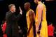 LOS ANGELES, CA - NOVEMBER 20: Head coach Mike D'Antoni of the Los Angeles Lakers celebrates with Kkobe Bryant #24 and Pau Gasol #16 after the game against the Brooklyn Nets at Staples Center on November 20, 2012 in Los Angeles, California. The Lakers wo