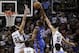 Jan 22, 2014; San Antonio, TX, USA; Oklahoma City Thunder forward Kevin Durant (35) goes up for a dunk as San Antonio Spurs forward Tim Duncan (21) and guard Cory Joseph (5) defend during the second half at AT&T Center. The Thunder won 111-105. Mandatory