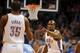 Mar 24, 2014; Oklahoma City, OK, USA; Oklahoma City Thunder forward Serge Ibaka (9) points to Oklahoma City Thunder forward Kevin Durant (35) after receiving an assist in action against the Denver Nuggets at Chesapeake Energy Arena. Mandatory Credit: Mar