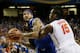 ATLANTA, GA - MARCH 16: Will Yeguete #15 of the Florida Gators defends against Willie Cauley-Stein #15 of the Kentucky Wildcats in the second half during the Championship game of the 2014 Men's SEC Basketball Tournament at Georgia Dome on March 16, 2014