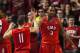 Feb 16, 2014; Philadelphia, PA, USA; Southern Methodist Mustangs forward Markus Kennedy (5) celebrates with guard Nic Moore (11) during the second half against the Temple Owls at the Liacouras Center. Temple defeated SMU 71-64. Mandatory Credit: Howard Sm