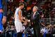 PHILADELPHIA, PA - MARCH 21: Head Coach Brett Brown and Michael Carter-Williams #1 of the Philadelphia 76ers talk during a game against the New York Knicks at the Wells Fargo Center on March 21, 2014 in Philadelphia, Pennsylvania. NOTE TO USER: User expre