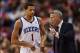 Feb 5, 2014; Philadelphia, PA, USA; Philadelphia 76ers head coach Brett Brown talks with guard Michael Carter-Williams (1) during the fourth quarter against the Boston Celtics at the Wells Fargo Center. The Celtics defeated the Sixers 114-108. Mandatory C