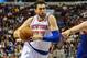 Jan 11, 2014; Philadelphia, PA, USA; New York Knicks power forward Andrea Bargnani (77) drives toward the net during the game against the Philadelphia 76ers at the Wells Fargo Center. Mandatory Credit: John Geliebter-USA TODAY Sports