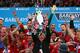 MANCHESTER, ENGLAND - MAY 12: Manchester United Manager Sir Alex Ferguson lifts the Premier League trophy following the Barclays Premier League match between Manchester United and Swansea City at Old Trafford on May 12, 2013 in Manchester, England. (Pho