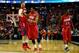 BUFFALO, NY - MARCH 22: Matt Kavanaugh #35,Vee Sanford #43, and Jordan Sibert #24 of the Dayton Flyers celebrate after defeating the Syracuse Orange 55-53 in the third round of the 2014 NCAA Men's Basketball Tournament at the First Niagara Center on March