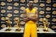 LOS ANGELES, CA - MARCH 20: Kobe Bryant #24 of the Los Angeles Lakers poses for a picture with his 5 NBA Championship trophies at STAPLES Center on March 20, 2014 in Los Angeles, California. NOTE TO USER: User expressly acknowledges and agrees that, by d