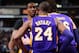 SACRAMENTO, CA - MARCH 30: Kobe Bryant #24 and Paul Gasol #16 talk with Dwight Howard #12 of the Los Angeles Lakers during a break in action against the Sacramento Kings on March 30, 2013 at Sleep Train Arena in Sacramento, California. NOTE TO USER: User