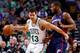Mar 9, 2014; Boston, MA, USA; Boston Celtics center Kris Humphries (43) dribbles the ball against Detroit Pistons power forward Greg Monroe (10) during the first half at TD Garden. Mandatory Credit: Mark L. Baer-USA TODAY Sports