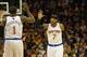 Mar 8, 2014; Cleveland, OH, USA; New York Knicks small forward Carmelo Anthony (7) and power forward Amar'e Stoudemire (1) celebrate in the first quarter at Quicken Loans Arena. Mandatory Credit: David Richard-USA TODAY Sports