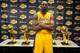 LOS ANGELES, CA - MARCH 20: Kobe Bryant #24 of the Los Angeles Lakers poses for a picture with his 5 NBA Championship trophies at STAPLES Center on March 20, 2014 in Los Angeles, California. NOTE TO USER: User expressly acknowledges and agrees that, by d