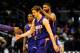 Mar 24, 2014; Atlanta, GA, USA; Phoenix Suns guard Goran Dragic (1) is greeted by teammates after the Suns defeated the Atlanta Hawks at Philips Arena. The Suns defeated the Hawks 102-95. Mandatory Credit: Dale Zanine-USA TODAY Sports