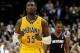 Mar 26, 2014; Indianapolis, IN, USA; Indiana Pacers center Roy Hibbert (55) reacts at the end of the game against the Miami Heat at Bankers Life Fieldhouse. The Pacers won 84-83. Mandatory Credit: Pat Lovell-USA TODAY Sports