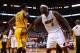 MIAMI, FL - MAY 24: LeBron James #6 of the Miami Heat gestures to Roy Hibbert #55 of the Indiana Pacers after fighting for a loose ball during Game Two of the Eastern Conference Finals at AmericanAirlines Arena on May 24, 2013 in Miami, Florida. NOTE TO U