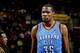 CLEVELAND, OH - MARCH 20: Kevin Durant #35 of the Oklahoma City Thunder stands on the court during a game against the Cleveland Cavaliers at The Quicken Loans Arena on March 20, 2014 in Cleveland, Ohio. NOTE TO USER: User expressly acknowledges and agrees