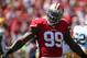 Sep 8, 2013; San Francisco, CA, USA; San Francisco 49ers linebacker Aldon Smith (99) celebrates after forcing a quarterback fumble against the Green Bay Packers during the first quarter at Candlestick Park. Mandatory Credit: Kelley L Cox-USA TODAY Sports