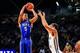 Feb 18, 2014; Atlanta, GA, USA; Duke Blue Devils forward Rodney Hood (5) shoots over Georgia Tech Yellow Jackets forward Quinton Stephens (12) in the second half at Hank McCamish Pavilion. Duke won 68-51. Mandatory Credit: Daniel Shirey-USA TODAY Sports