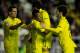 MADRID, SPAIN - JANUARY 06: Ikechukwu Uche (2ndL) of Villarreal CF celebrates scoring their fourth goal with teammates Jeremy Louis Perbet (L), Javier Ignacio Aquino (2ndR) and Manuel Trigueros (R) during the La Liga match between Rayo Vallecano de Madri