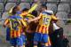 NICOSIA, CYPRUS - FEBRUARY 20: Eduardo Vargas of Valencia CF celebrates with team-mates after scoring the opening goal during the Europa League Round of 16 match between FC Dynamo Kyiv and Valencia CF on February 20, 2014 in Nicosia, Cyprus. (Photo by A