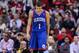 Mar 27, 2014; Houston, TX, USA; Philadelphia 76ers guard Michael Carter-Williams (1) reacts after a call during the fourth quarter against the Houston Rockets at Toyota Center. Mandatory Credit: Troy Taormina-USA TODAY Sports