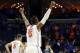 Mar 27, 2014; Memphis, TN, USA; Florida Gators forward Will Yeguete (15) reacts during the second half against the UCLA Bruins in the semifinals of the south regional of the 2014 NCAA Mens Basketball Championship tournament at FedEx Forum. Florida won 79-