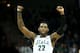SPOKANE, WA - MARCH 22: Branden Dawson #22 of the Michigan State Spartans celebrates in the second half against the Harvard Crimson during the Third Round of the 2014 NCAA Basketball Tournament at Spokane Veterans Memorial Arena on March 22, 2014 in Spok