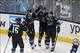 Sharks' winger James Sheppard celebrates with teammates after scoring a goal against Winnipeg.