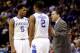 ST LOUIS, MO - MARCH 21: Head coach John Calipari speaks with Andrew Harrison #5 and Aaron Harrison #2 of the Kentucky Wildcats during the second round of the 2014 NCAA Men's Basketball Tournament against the Kansas State Wildcats at the Scottrade Center