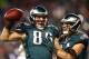 PHILADELPHIA, PA - JANUARY 04: Zach Ertz #86 of the Philadelphia Eagles celebrates with teammate Riley Cooper #14 after scoring a 3 yard touchdown pass from Nick Foles #9 in the fourth quarter against the New Orleans Saints to take the lead 24-23 during