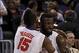 Mar 22, 2014; Orlando, FL, USA; Florida Gators forward Will Yeguete (15) reacts with center Patric Young (4) at the end of the second half of a men's college basketball game against the Pittsburgh Panthers during the third round of the 2014 NCAA Tournamen