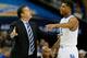ATLANTA, GA - MARCH 14: Head coach John Calipari of the Kentucky Wildcats converses with Andrew Harrison #5 against the LSU Tigers during the quarterfinals of the SEC Men's Basketball Tournament at Georgia Dome on March 14, 2014 in Atlanta, Georgia. (Ph