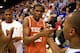 LAWRENCE, KS - MARCH 03: Kevin Durant #35 of the Texas Longhorns congratulates the Kansas Jayhawks after the Jayhawks defeated the Texas Longhorns to win the Big XII conference on March 3, 2007 at Allen Fieldhouse in Lawrence, Kansas. The Jayhawks defeat