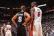 MIAMI, FL - JUNE 18: Tony Parker #9 of the San Antonio Spurs talks to LeBron James #6 of the Miami Heat during Game Six of the 2013 NBA Finals on June 18, 2013 at American Airlines Arena in Miami, Florida. NOTE TO USER: User expressly acknowledges and agr