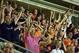 June 12, 2013; Cary, NC, USA; Carolina Railhawks fans celebrate a goal against Chivas USA during the fourth round of the U.S. Open Cup at Wake Med Soccer Park. The Carolina Railhawks won 3-1 in overtime. Mandatory Credit: Rob Kinnan-USA TODAY Sports