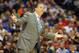 Mar 28, 2014; Indianapolis, IN, USA; Kentucky Wildcats head coach John Calipari reacts in the first half in the semifinals of the midwest regional of the 2014 NCAA Mens Basketball Championship tournament against the Louisville Cardinals at Lucas Oil Stadi