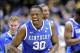 Mar 30, 2014; Indianapolis, IN, USA; Kentucky Wildcats forward Julius Randle (30) celebrates after defeating the Michigan Wolverines in the finals of the midwest regional of the 2014 NCAA Mens Basketball Championship tournament at Lucas Oil Stadium. Manda
