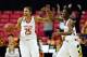 Mar 25, 2014; College Park, MD, USA; Maryland Terrapins forward Alyssa Thomas (25) high fives guard Laurin Mincy (1) after beating the Texas Longhorns 69-64 in the second round of the NCAA Tournament at Comcast Center. Mandatory Credit: Evan Habeeb-USA TO