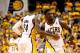 INDIANAPOLIS, IN - JUNE 01: Roy Hibbert #55 of the Indiana Pacers celebrates with teammate Paul George #24 after scoring against the Miami Heat in Game Six of the Eastern Conference Finals during the 2013 NBA Playoffs at Bankers Life Fieldhouse on June 1