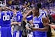 Mar 30, 2014; Indianapolis, IN, USA; Kentucky Wildcats forward Julius Randle (30) celebrates with teammates after defeating the Michigan Wolverines in the finals of the midwest regional of the 2014 NCAA Mens Basketball Championship tournament at Lucas Oil
