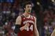 Mar 29, 2014; Anaheim, CA, USA; Wisconsin Badgers forward Frank Kaminsky (44) signals against the Arizona Wildcats during the second half in the finals of the west regional of the 2014 NCAA Mens Basketball Championship tournament at Honda Center. Mandator