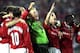 26 May 1999: Peter Schmeichel leads the Manchester United celebration after victory over Bayern Munich in the UEFA Champions League Final at the Nou Camp in Barcelona, Spain. United scored twice in injury time to win 2-1. \ Mandatory Credit: Alex Livesey