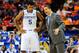 Mar 15, 2014; Atlanta, GA, USA; Kentucky Wildcats head coach John Calipari talks to guard Andrew Harrison (5) at the bench against the Georgia Bulldogs during the second half in the semifinals of the SEC college basketball tournament at Georgia Dome. Kent
