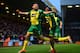 NORWICH, ENGLAND - FEBRUARY 23: Robert Snodgrass of Norwich City (L) celebrates scoring the opening goal with Leroy Fer of Norwich City during the Barclays Premier League match between Norwich City and Tottenham Hotspur at Carrow Road on February 23, 201