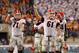 Nov 2, 2013; Jacksonville, FL, USA; Georgia Bulldogs offensive tackle John Theus (71) and center David Andrews (61) celebrate after they got first down with less then 2 minutes left during the fourth quarter against the Florida Gators at EverBank Field. G