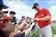 Feb 21, 2014; Ft Myers, FL, USA; Boston Red Sox outfielder Grady Sizemore (38) signs autographs during spring training at JetBlue Park. Mandatory Credit: Steve Mitchell-USA TODAY Sports