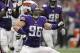 Sep 22, 2013; Minneapolis, MN, USA; Minnesota Vikings defensive end Brian Robison (96) celebrates a sack during the fourth quarter against the Cleveland Browns at Mall of America Field at H.H.H. Metrodome. The Browns defeated the Vikings 31-27. Mandatory