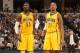 INDIANAPOLIS - MARCH 11: Roy Hibbert #55 and David West #21 of the Indiana Pacers look on during the game against the Boston Celtics at Bankers Life Fieldhouse on March 11, 2014 in Indianapolis, Indiana. NOTE TO USER: User expressly acknowledges and agre